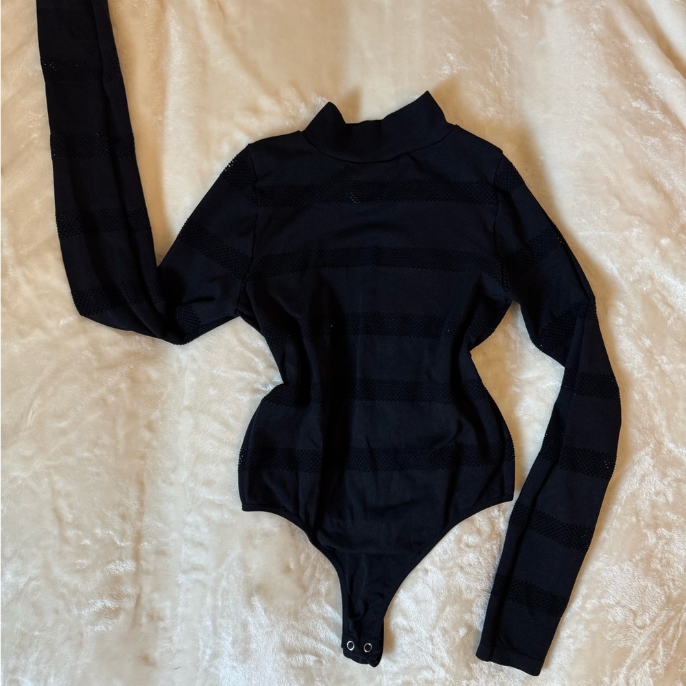 FOREVER 21 Black Striped Mesh Bodysuit